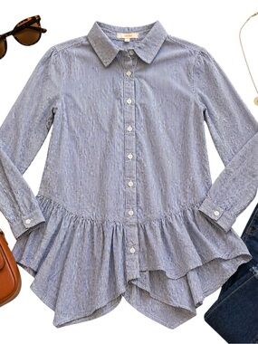 Soprano Blue White Stripe Button Front Peplum Shirt 100% Cotton Women S/Youth L